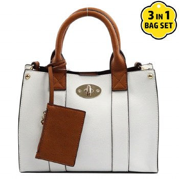 White three piece handbag with brown handles