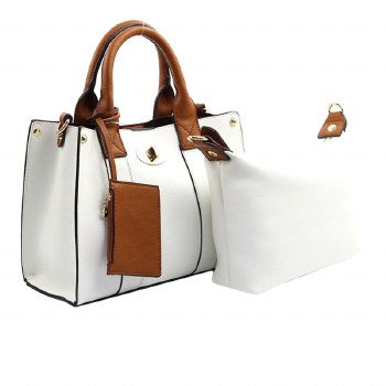 White three piece handbag with brown handles