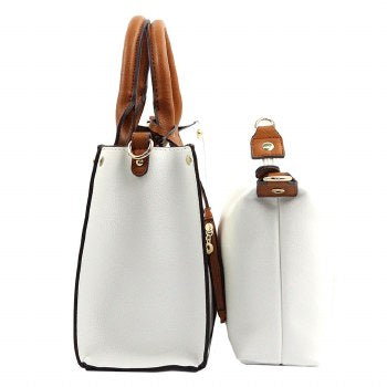 White three piece handbag with brown handles