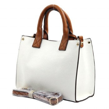 White three piece handbag with brown handles