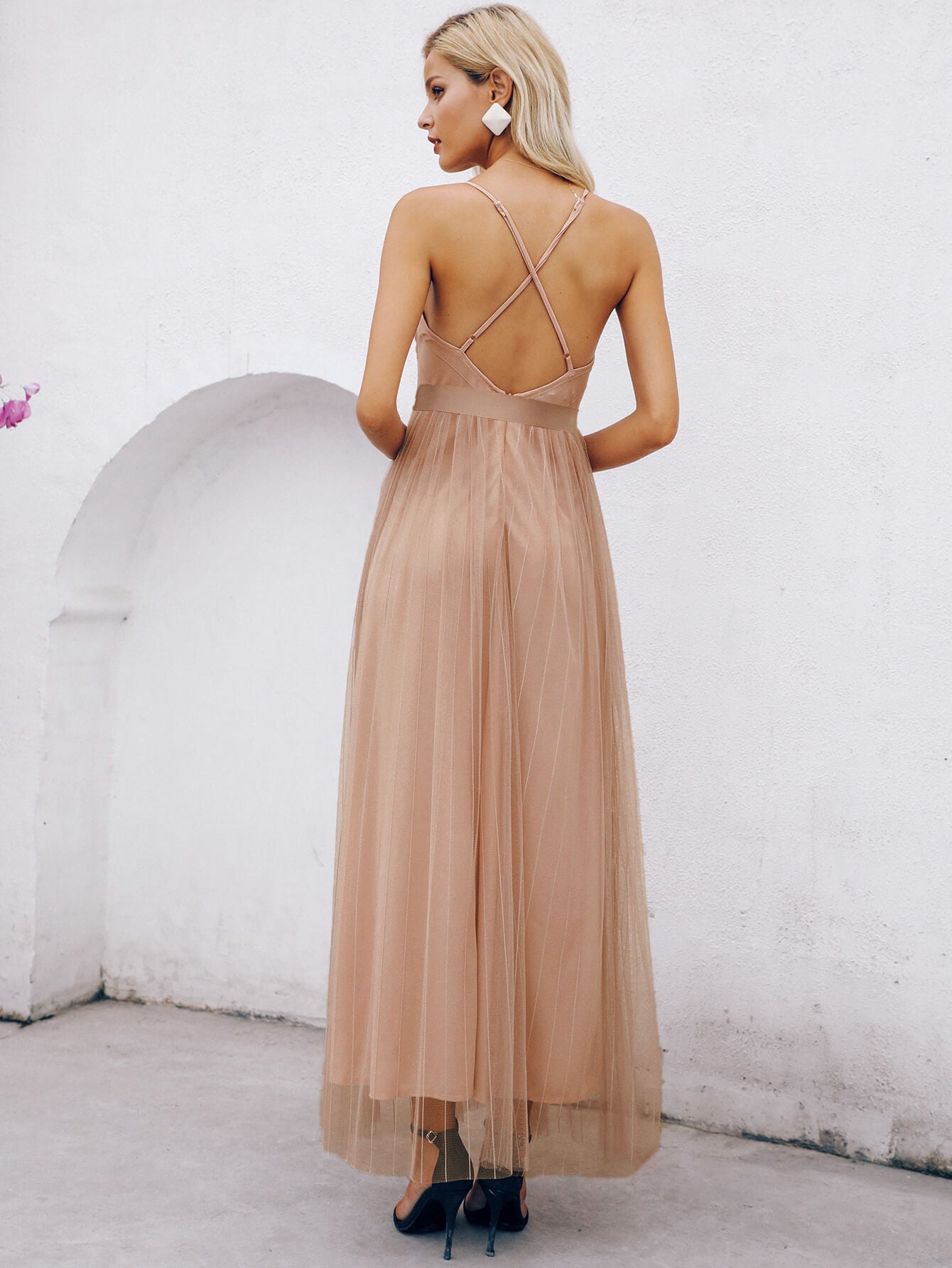 Belted Crisscross Back Plunge Tulle Dress