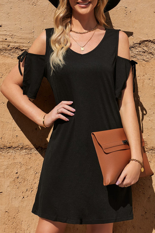 Tied Cold-Shoulder V-Neck Mini Dress