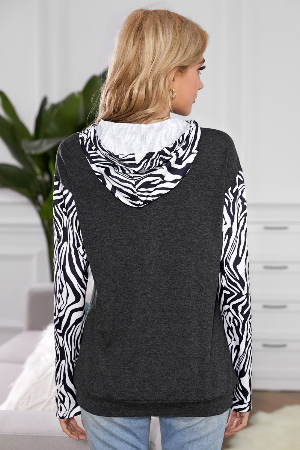 Zebra Print Patchwork Long Sleeve Hoodie