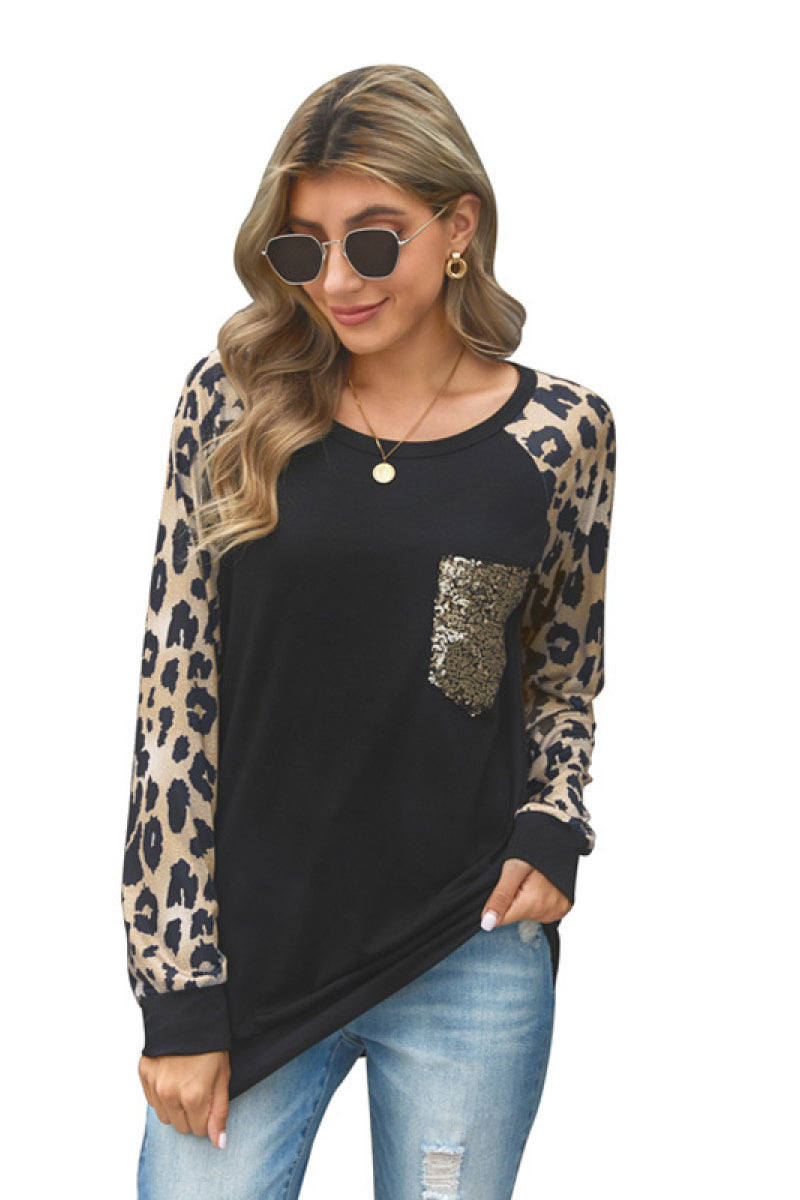 Leopard Contrast Sequin Pocketed Long Sleeve Top