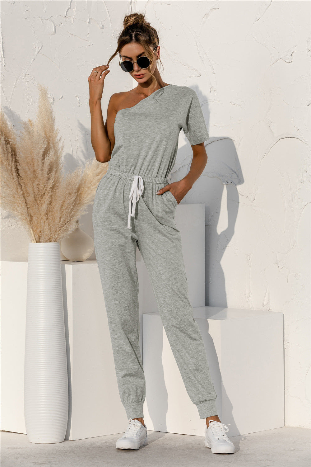 One Shoulder Knot Waist Jumpsuit