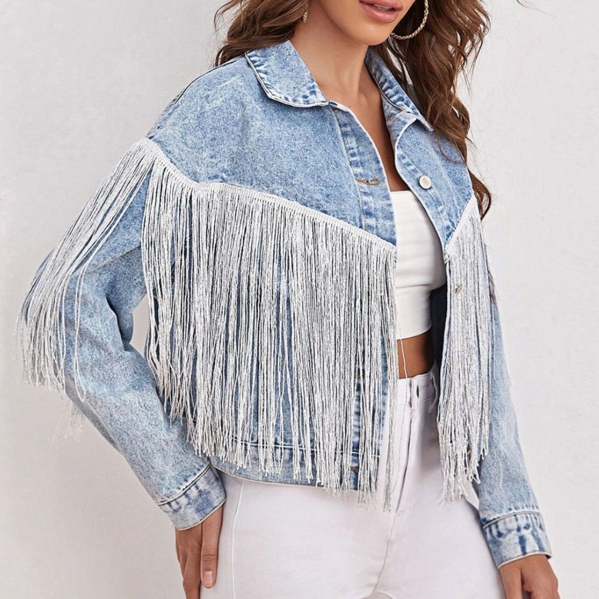 Fringe Detail Collared Neck Long Sleeve Denim Jacket – Youniquely