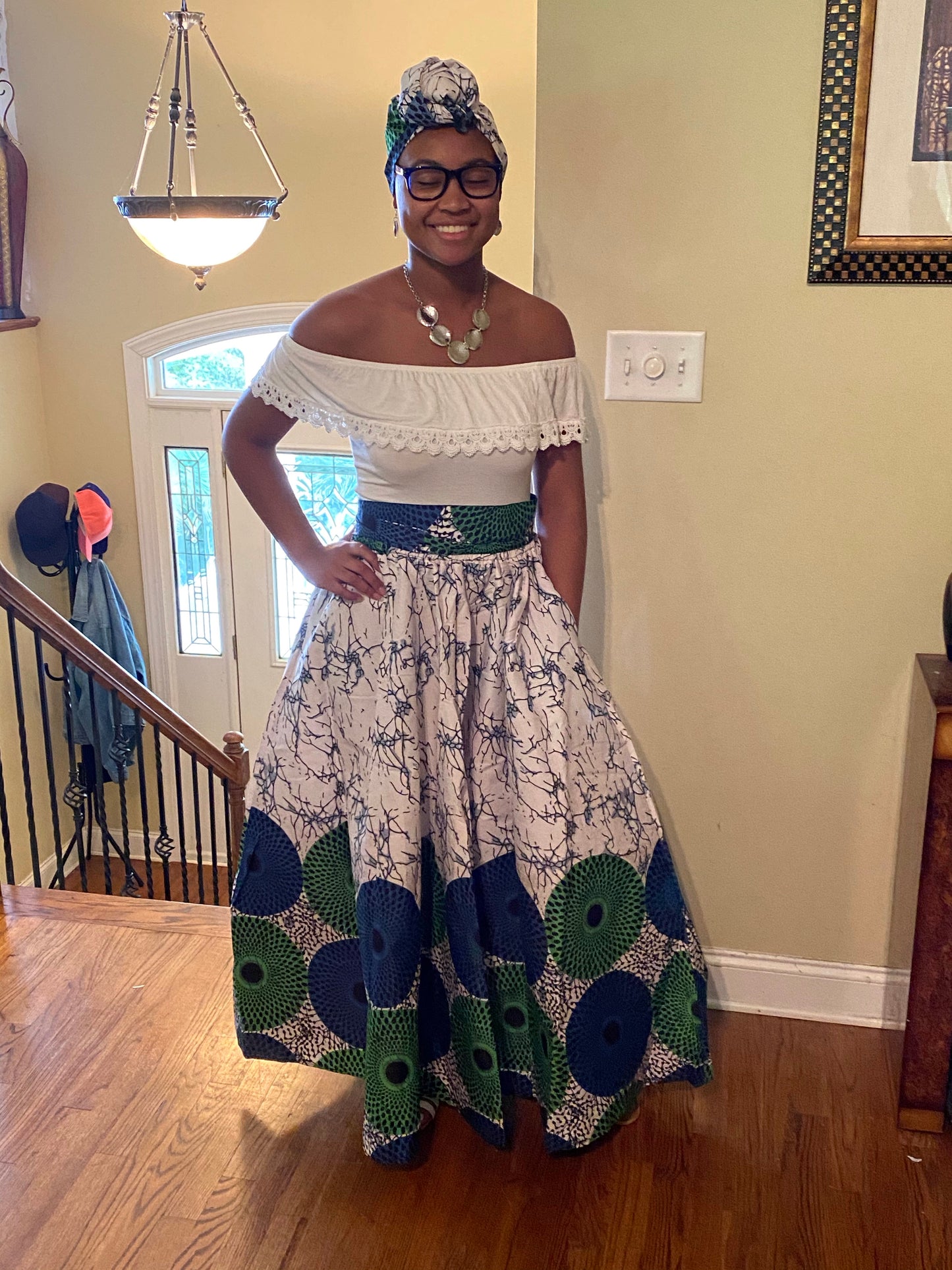 White African skirt with white and green